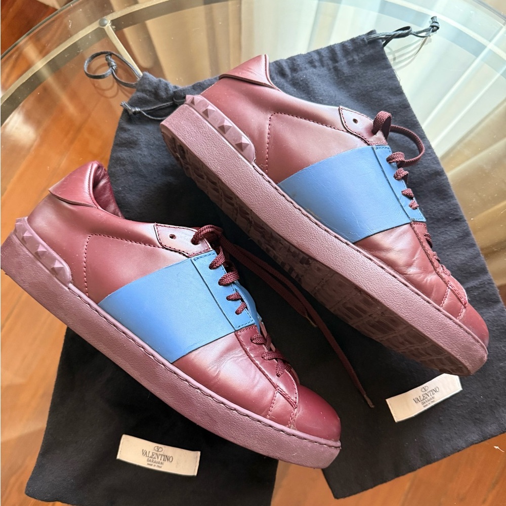 Valentino Men’s Burgundy Leather Sneakers with Blue Panel